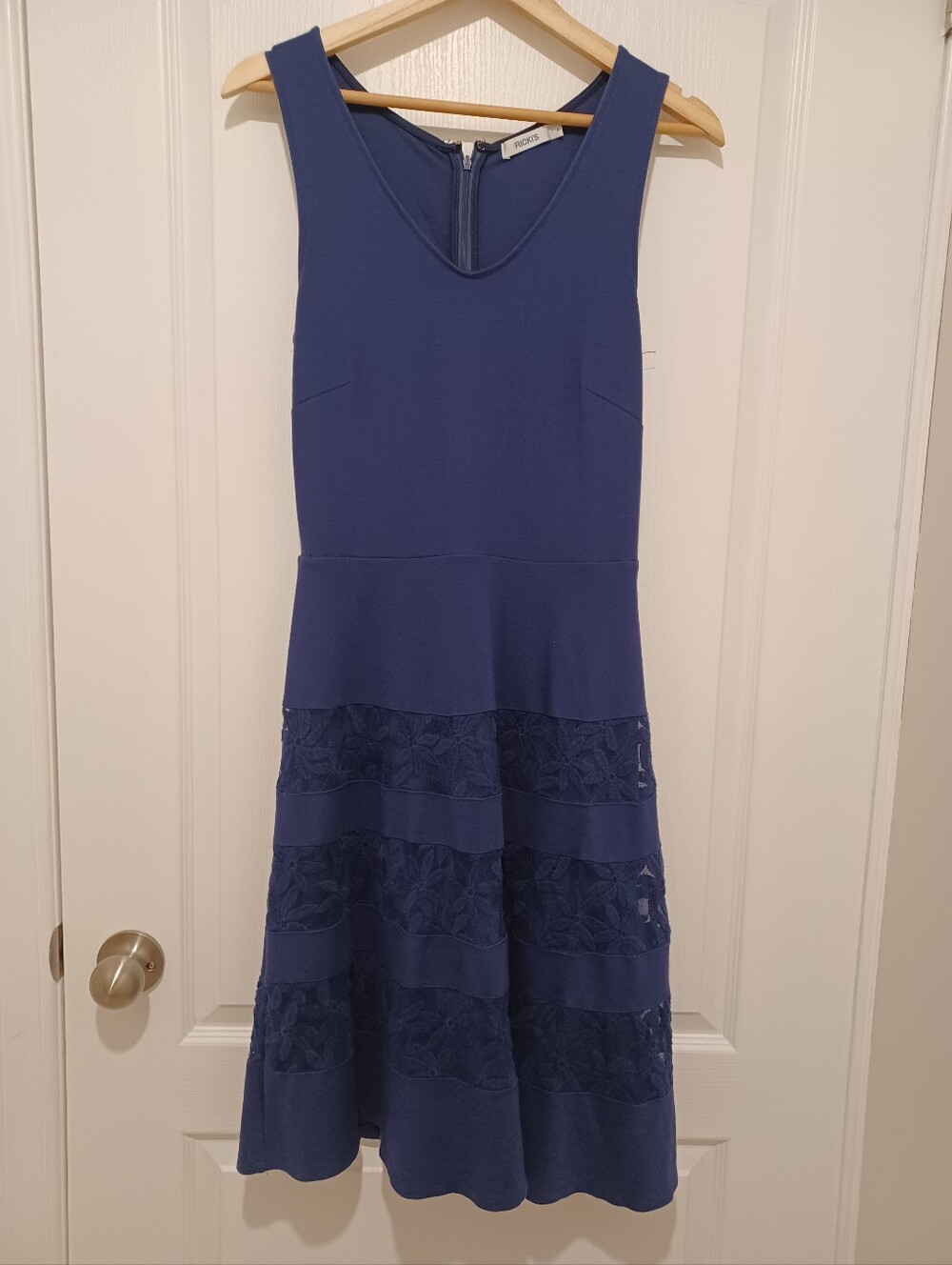 Sleeveless Blue Fit-and-Flare Dress with Lace Panels